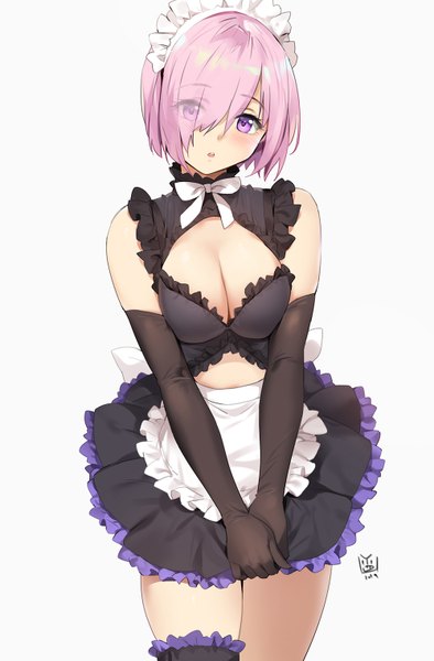 Anime picture 1000x1520 with fate (series) fate/grand order mash kyrielight yd (orange maru) single tall image looking at viewer blush fringe short hair breasts open mouth light erotic simple background large breasts standing purple eyes bare shoulders pink hair cleavage