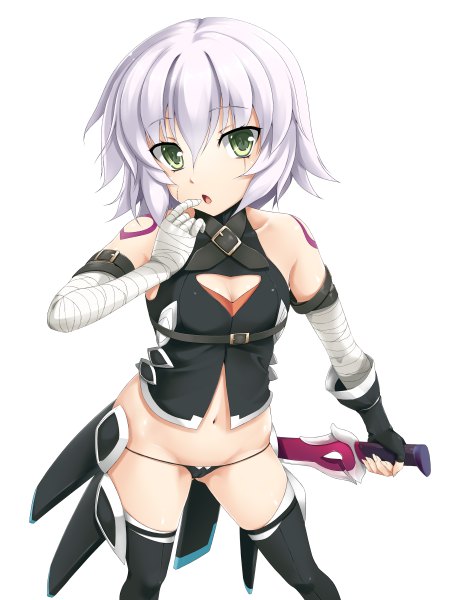 Anime-Bild 3600x4800 mit fate (series) fate/apocrypha jack the ripper (fate/apocrypha) toranoo single tall image looking at viewer fringe highres short hair light erotic simple background hair between eyes standing white background green eyes absurdres silver hair finger to mouth cameltoe