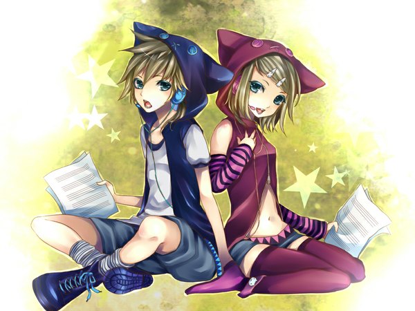 Anime picture 1024x768 with vocaloid kagamine rin kagamine len roku (hikokeng) short hair open mouth blue eyes blonde hair smile bare shoulders midriff twins singing girl thighhighs boy detached sleeves miniskirt shorts headphones