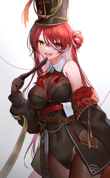 Anime picture 3000x4838 with virtual youtuber hololive houshou marine houshou marine (marching band) nannaspad single long hair tall image looking at viewer fringe highres breasts open mouth light erotic simple background hair between eyes large breasts red hair :d multicolored hair