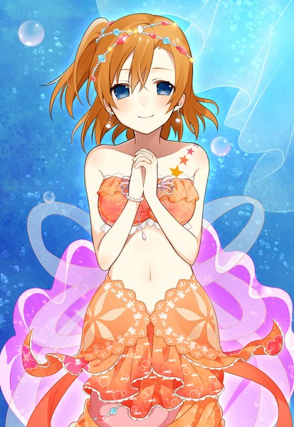 Anime picture 800x1161 with love live! school idol project sunrise (studio) love live! kousaka honoka chisumi single tall image looking at viewer blush short hair blue eyes smile orange hair one side up girl hair ornament earrings bracelet curtains bubble (bubbles)