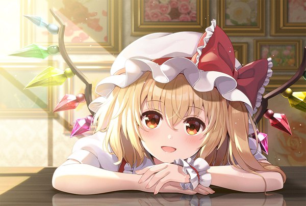 Anime picture 1184x800 with touhou flandre scarlet yuuka nonoko single looking at viewer blush fringe short hair open mouth blonde hair hair between eyes red eyes :d sunlight dust girl bow hat wings bonnet