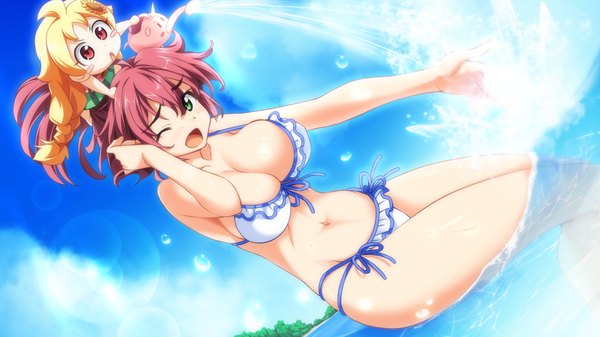 Anime picture 1024x576 with taiyou no promia taiyou no promia flowering days nina autumn promia looking at viewer short hair breasts light erotic wide image large breasts green eyes game cg cloud (clouds) red hair one eye closed wink chibi girl navel swimsuit