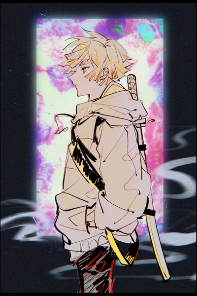 Anime picture 1929x2894 with kimetsu no yaiba ufotable agatsuma zenitsu susten single tall image highres short hair blonde hair standing yellow eyes looking away profile alternate costume eyebrows hand in pocket contemporary boy weapon sword