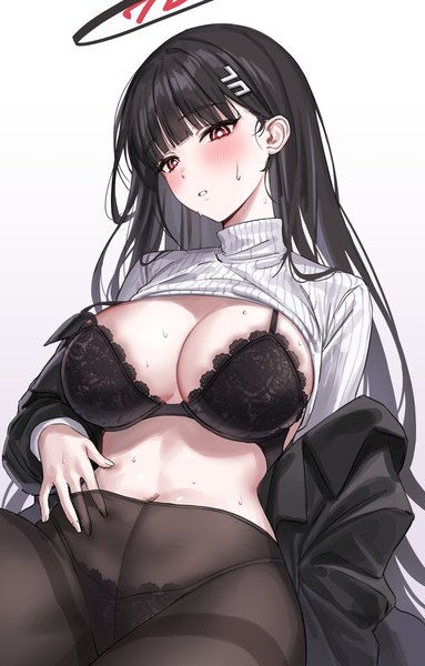 Anime picture 3000x4700 with blue archive rio (blue archive) raki kr single long hair tall image looking at viewer blush fringe highres breasts light erotic black hair simple background red eyes large breasts white background sitting ass blunt bangs