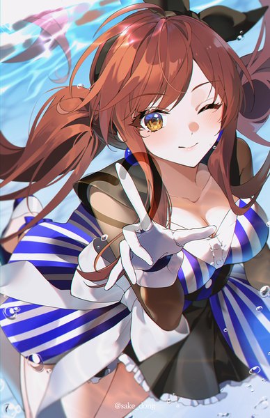 Anime picture 1295x2000 with idolmaster idolmaster shiny colors oosaki amana sake dong single long hair tall image looking at viewer smile brown hair twintails brown eyes payot cleavage ahoge one eye closed wink striped underwater girl