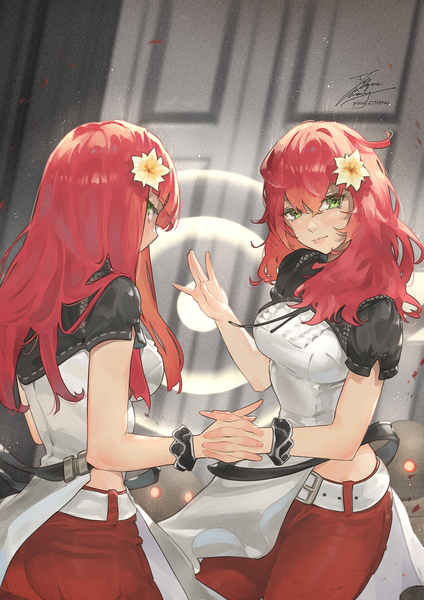 Anime picture 1061x1500 with nier nier:automata popola devola fadingz long hair tall image looking at viewer blush fringe hair between eyes standing multiple girls green eyes signed red hair indoors blunt bangs head tilt looking back