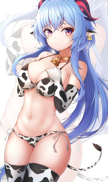 Anime picture 2446x4101 with genshin impact ganyu (genshin impact) nahanmin single long hair tall image looking at viewer highres breasts light erotic large breasts purple eyes animal ears blue hair tail animal tail horn (horns) groin bell collar zoom layer