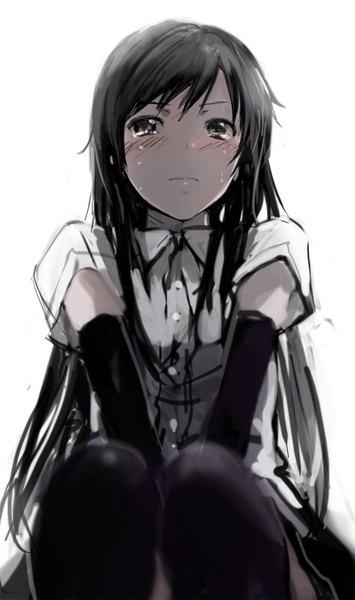 Anime picture 922x1558 with kantai collection asashio destroyer kamemushi (hoozuki) single long hair tall image looking at viewer blush fringe black hair simple background white background lips from below grey eyes tears looking down crying girl