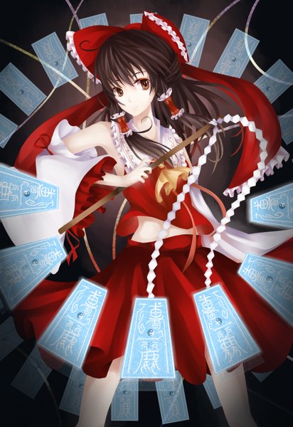 Anime picture 2031x2952 with touhou hakurei reimu stari long hair tall image highres brown hair brown eyes half updo miko girl skirt bow hair bow detached sleeves skirt set card (cards)