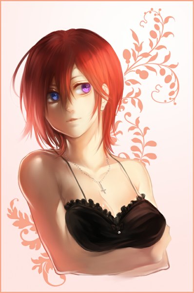 Anime picture 663x1000 with original f-wd single tall image short hair breasts open mouth blue eyes simple background purple eyes bare shoulders red hair pink background framed girl earrings pendant cross