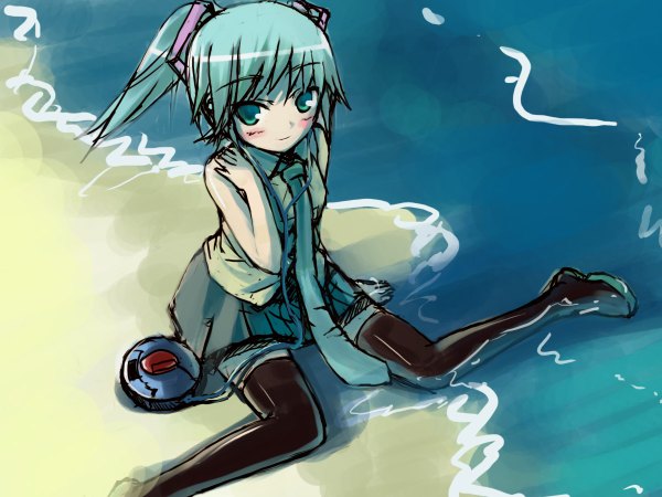 Anime picture 1200x900 with vocaloid hatsune miku tuanzi sitting twintails green eyes aqua hair beach girl thighhighs skirt necktie headphones