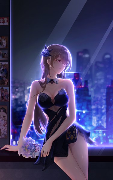 Anime picture 3346x5333 with honkai impact 3rd honkai (series) rita rossweisse bianka durandal ataegina rita rossweisse (fallen rosemary) 958951653 single long hair tall image fringe highres breasts light erotic smile red eyes brown hair standing bare shoulders looking away absurdres
