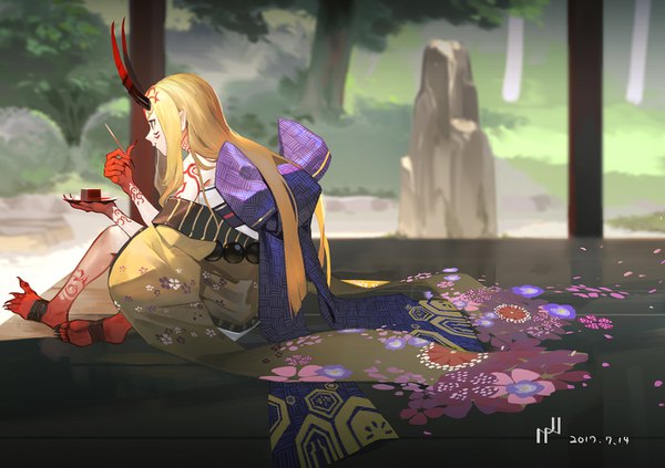 Anime picture 1400x989 with fate (series) fate/grand order ibaraki douji (fate) hako (mypixid) single long hair blonde hair sitting signed traditional clothes japanese clothes profile barefoot horn (horns) pointy ears depth of field dated eating oni horns face paint