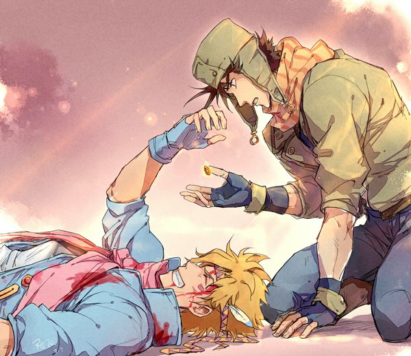 Anime picture 1155x1000 with jojo no kimyou na bouken joseph joestar (young) caesar anthonio zeppeli linjie short hair blonde hair smile brown hair signed lying eyes closed profile sunlight multiple boys kneeling grin spoilers boy hairband scarf