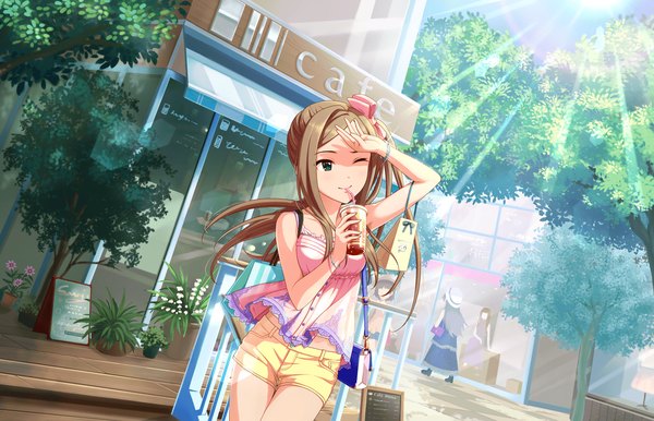 Anime picture 1280x824 with idolmaster idolmaster cinderella girls matsuyama kumiko single long hair blue eyes brown hair one eye closed wink shadow girl bow plant (plants) hair bow tree (trees) shorts short shorts