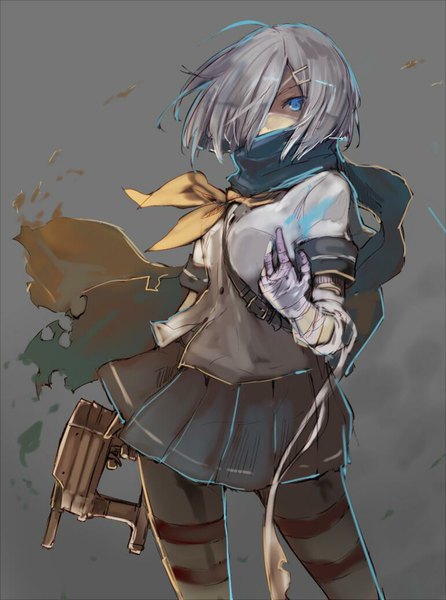 Anime picture 770x1036 with kantai collection hamakaze destroyer sumisu (mondo) single tall image looking at viewer fringe short hair blue eyes simple background silver hair wind hair over one eye grey background girl uniform weapon pantyhose serafuku scarf