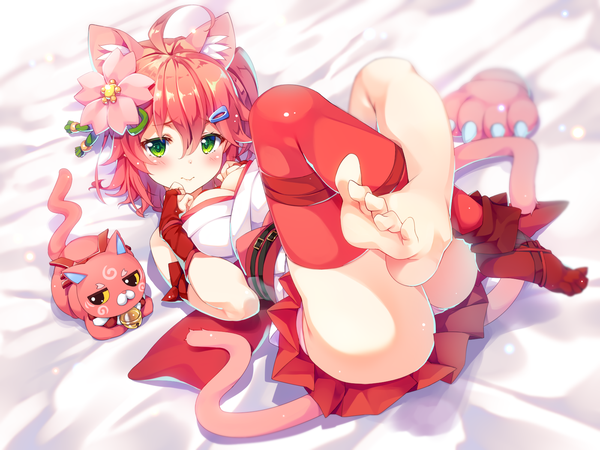 Anime picture 1600x1200 with virtual youtuber hololive sakura miko kintoki (sakura miko) sakura miko (old design) moeki yuuta single looking at viewer blush short hair breasts light erotic green eyes animal ears full body ahoge bent knee (knees) red hair tail traditional clothes