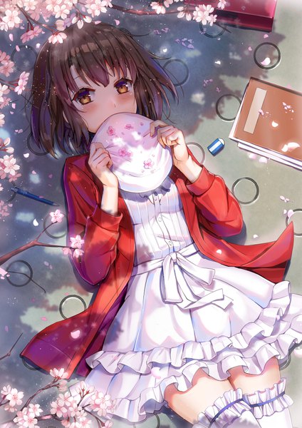 Anime picture 707x1000 with saenai heroine no sodatekata a-1 pictures katou megumi qian wu atai single tall image looking at viewer blush fringe short hair brown hair holding brown eyes outdoors lying long sleeves from above shadow on back cherry blossoms