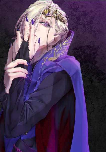 Anime picture 900x1280 with twisted wonderland vil schoenheit hachi (ct dou) single tall image fringe short hair blonde hair purple eyes looking away upper body nail polish hair over one eye hand on face purple nail polish boy bridal gauntlets circlet