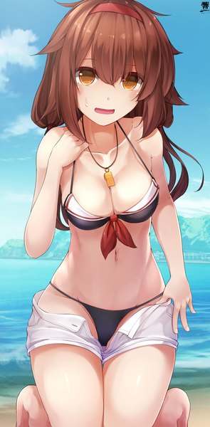 Anime-Bild 1695x3447 mit kantai collection shiratsuyu destroyer hibiki zerocodo single long hair tall image looking at viewer blush fringe breasts open mouth light erotic hair between eyes brown hair brown eyes signed payot sky cleavage cloud (clouds)