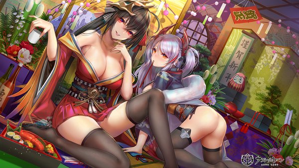 Anime picture 1500x843 with azur lane prinz eugen (azur lane) taihou (azur lane) prinz eugen (dance of a hundred flowers) (azur lane) zjsstc long hair looking at viewer blush fringe breasts light erotic black hair hair between eyes red eyes wide image sitting multiple girls holding cleavage ass