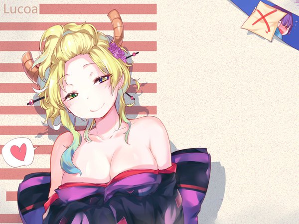 Anime picture 4795x3590 with kobayashi-san chi no maidragon kyoto animation lucoa (maidragon) magatsuchi shouta cui pi cha tu single long hair looking at viewer blush highres short hair breasts open mouth blue eyes light erotic blonde hair smile large breasts white background bare shoulders