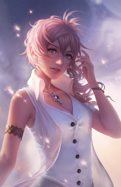 Anime picture 1320x2040 with final fantasy final fantasy xiii square enix serah farron tsuaii zolaida (artist) single long hair tall image looking at viewer fringe breasts blonde hair hair between eyes cleavage upper body parted lips lips realistic grey eyes