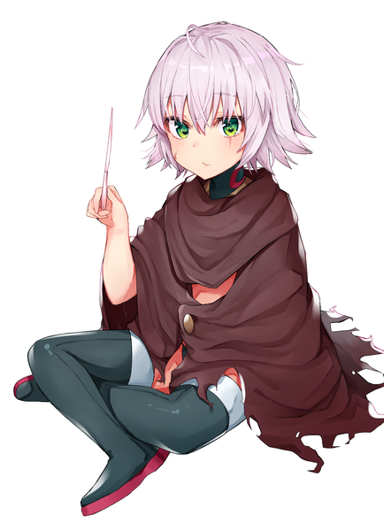 Anime picture 1734x2396 with fate (series) fate/grand order jack the ripper (fate/apocrypha) black cola single tall image looking at viewer fringe highres short hair simple background hair between eyes white background sitting green eyes silver hair full body ahoge symbol-shaped pupils scar