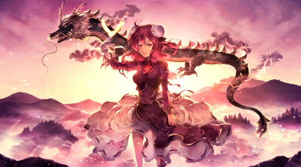 Anime picture 2160x1200 with touhou ibaraki kasen koutei (touhou) sunakumo single highres short hair red eyes wide image red hair hair bun (hair buns) girl dress bandage (bandages) dragon