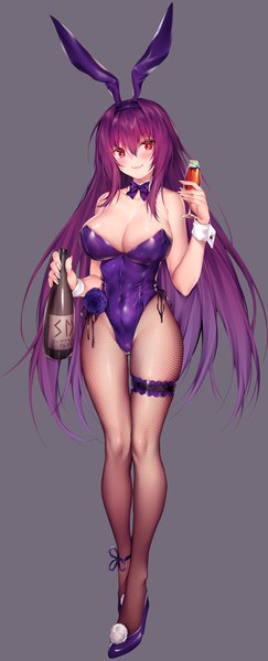 Anime picture 900x2220 with fate (series) fate/grand order scathach (fate) (all) scathach (fate) obiwan single long hair tall image blush fringe breasts light erotic simple background hair between eyes red eyes large breasts standing bare shoulders holding animal ears
