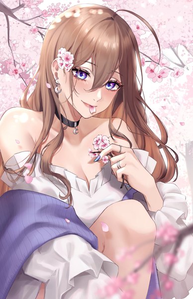 Anime picture 3300x5100 with original nana (kurisustinah) expulse single long hair tall image looking at viewer blush fringe highres breasts blue eyes smile hair between eyes brown hair sitting bare shoulders holding absurdres cleavage