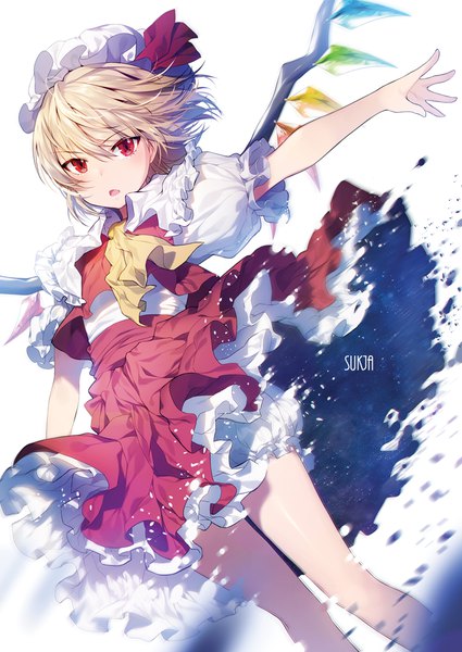 Anime picture 700x989 with touhou flandre scarlet sorolp single tall image looking at viewer fringe short hair open mouth simple background blonde hair hair between eyes red eyes white background signed wind blurry puffy sleeves text outstretched arm