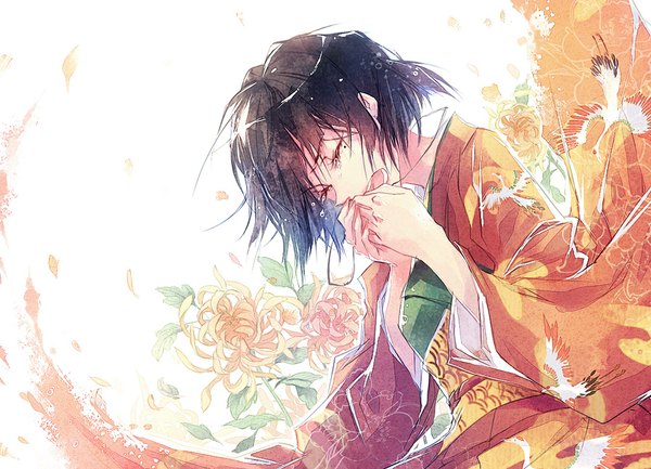 Anime picture 1075x777 with sennen joyuu madhouse fujiwara chiyoko kieta single short hair black hair japanese clothes mole mole under eye crying girl flower (flowers) animal petals kimono bird (birds) higanbana