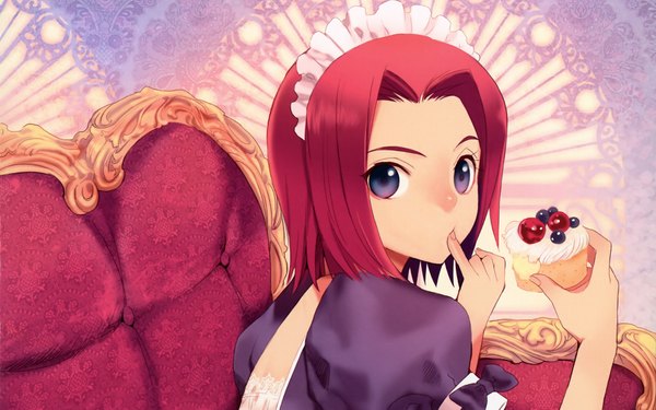 イラスト 1920x1200 と コードギアス サンライズ kallen stadtfeld ソロ highres 短い髪 青い目 wide image 赤髪 looking back maid eating finger licking 女の子 食べ物 スイーツ 漿果 ケーキ 肘掛椅子