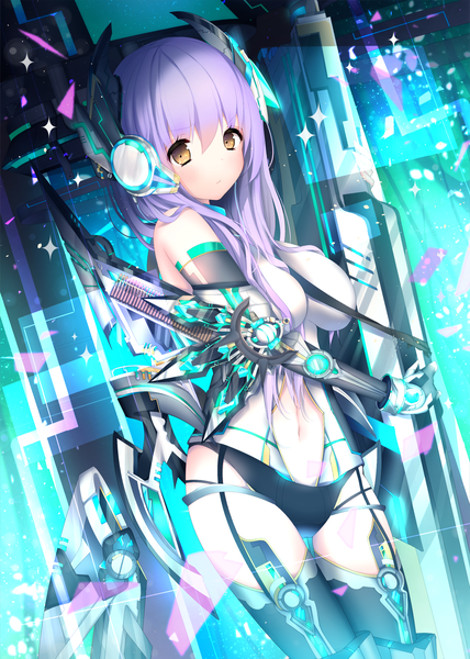 Anime picture 1600x2240 with original million arthur illustration contest million arthur irakon waza kabako (lilypicture410v) single long hair tall image looking at viewer blush fringe breasts light erotic large breasts bare shoulders yellow eyes purple hair mecha musume girl thighhighs navel