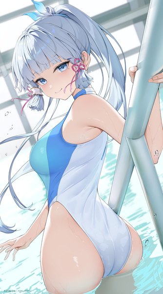 Anime picture 1946x3500 with genshin impact kamisato ayaka rosumerii single long hair tall image looking at viewer blush fringe highres breasts blue eyes light erotic smile standing payot silver hair ass ponytail blunt bangs