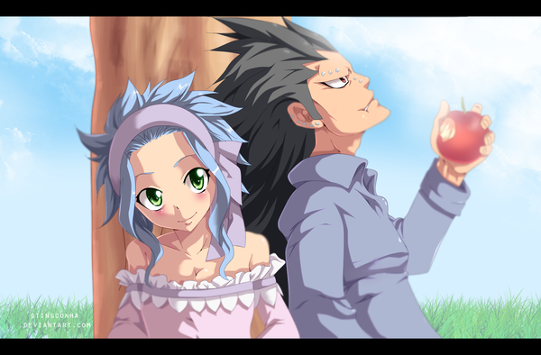 Anime picture 1600x1053 with fairy tail gajeel redfox levy mcgarden stingcunha long hair blush black hair smile red eyes bare shoulders green eyes blue hair sky cloud (clouds) profile sunlight couple piercing coloring girl
