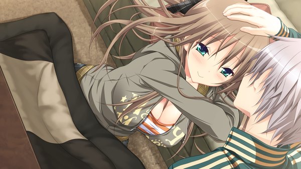 Anime picture 1280x720 with hapymaher purple software toriumi arisu koku long hair blush short hair smile brown hair wide image sitting green eyes game cg cleavage silver hair light smile striped hand on head :> girl