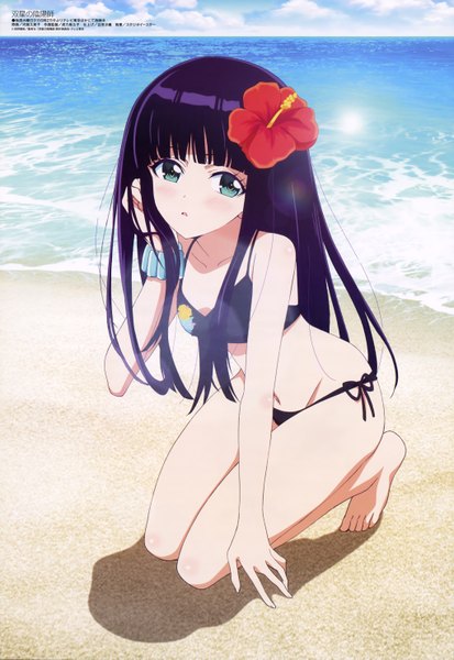 Anime picture 4080x5929 with sousei no onmyouji studio pierrot megami magazine adashino benio single long hair tall image looking at viewer blush highres open mouth blue eyes light erotic black hair absurdres hair flower official art beach girl flower (flowers)