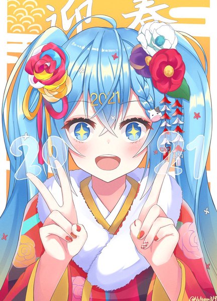 Anime picture 738x1024 with vocaloid hatsune miku noneon319 single long hair tall image blush fringe open mouth blue eyes hair between eyes twintails blue hair upper body ahoge nail polish traditional clothes :d japanese clothes symbol-shaped pupils