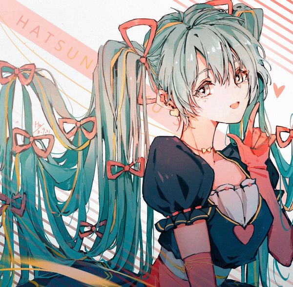 Anime picture 2000x1961 with vocaloid hatsune miku h2 (hydrogenhni) single looking at viewer highres open mouth twintails very long hair :d multicolored hair aqua hair puffy sleeves streaked hair character names dated silver eyes girl gloves ribbon (ribbons)