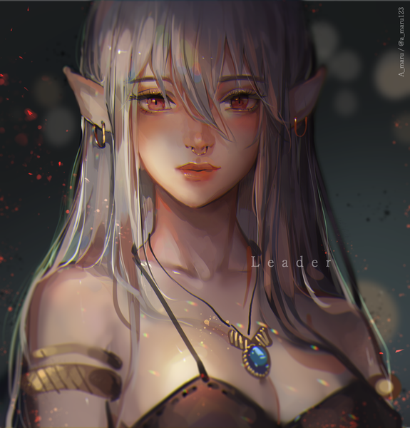 Anime picture 2480x2589 with original unity (ekvmsp02) single long hair tall image looking at viewer blush fringe highres breasts light erotic hair between eyes red eyes bare shoulders signed cleavage silver hair upper body lips pointy ears