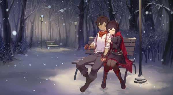Anime picture 4507x2480 with rwby rooster teeth ruby rose oscar pine 3four highres short hair black hair brown hair wide image sitting yellow eyes absurdres eyes closed holding hands snowing winter snow lacing lace-up boots