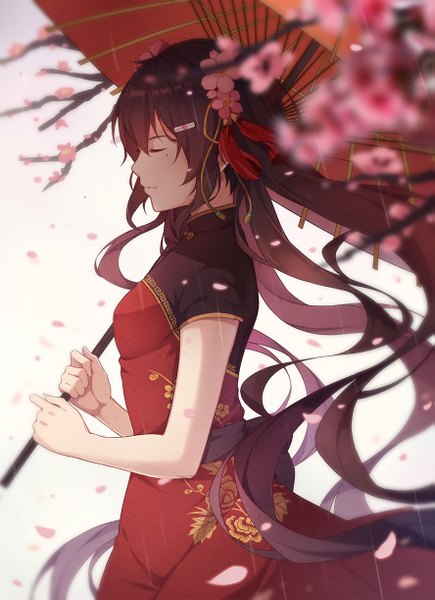 Anime picture 887x1222 with vocaloid hatsune miku kiyo (chaoschyan) single long hair tall image fringe white background twintails holding payot outdoors eyes closed traditional clothes profile hair flower wind blurry mole short sleeves