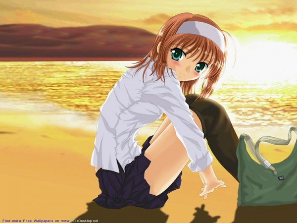 イラスト 1152x864 と 君が望む永遠 suzumiya akane ソロ 短い髪 緑の目 ビーチ evening sunset soft beauty 女の子 スカート シャツ 白いシャツ ヘアバンド 鞄