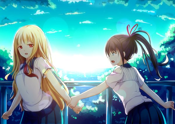 Anime picture 1637x1157 with original yan (nicknikg) long hair breasts open mouth blue eyes blonde hair red eyes multiple girls holding sky cloud (clouds) ponytail profile pleated skirt tears crying girl skirt uniform