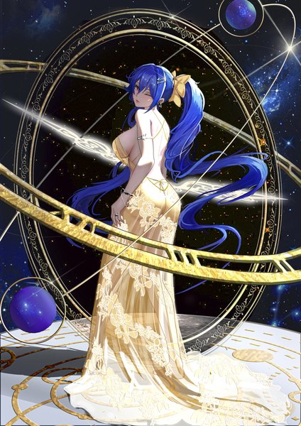 Anime picture 3508x4961 with genshin impact keqing (genshin impact) fish toucher single long hair tall image looking at viewer fringe highres breasts light erotic hair between eyes red eyes large breasts standing twintails payot blue hair absurdres full body
