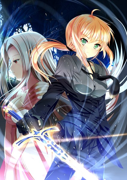 Anime picture 1167x1650 with fate (series) fate/stay night fate/zero studio deen type-moon artoria pendragon (all) saber irisviel von einzbern xephonia long hair tall image blush smile red eyes multiple girls green eyes ahoge ponytail profile grey hair