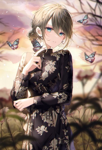 Anime picture 2381x3483 with original myusha single tall image looking at viewer blush fringe highres short hair blue eyes smile hair between eyes brown hair standing signed sky cloud (clouds) outdoors long sleeves scan